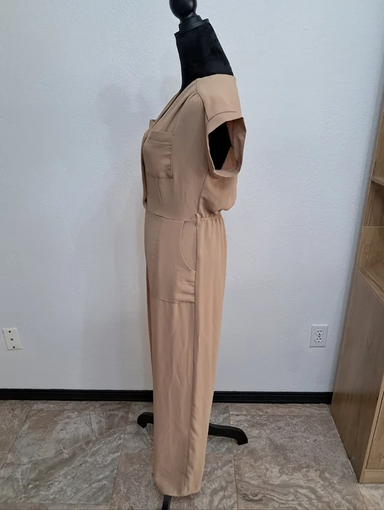 Monteau Md Jumpsuit Beige V-Neck Short Sleeve Lightweight Wide Leg Career - Picture 3 of 10